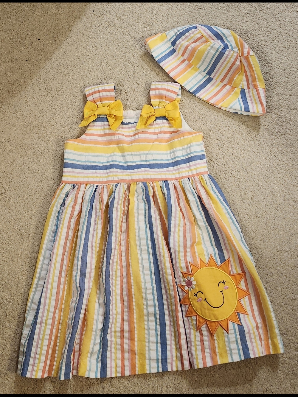 Bonnie Jean Yellow Pink Blue Striped Sun Applique Dress with Hat